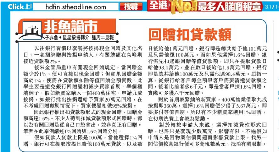 子魚論市：回贈扣貸款額